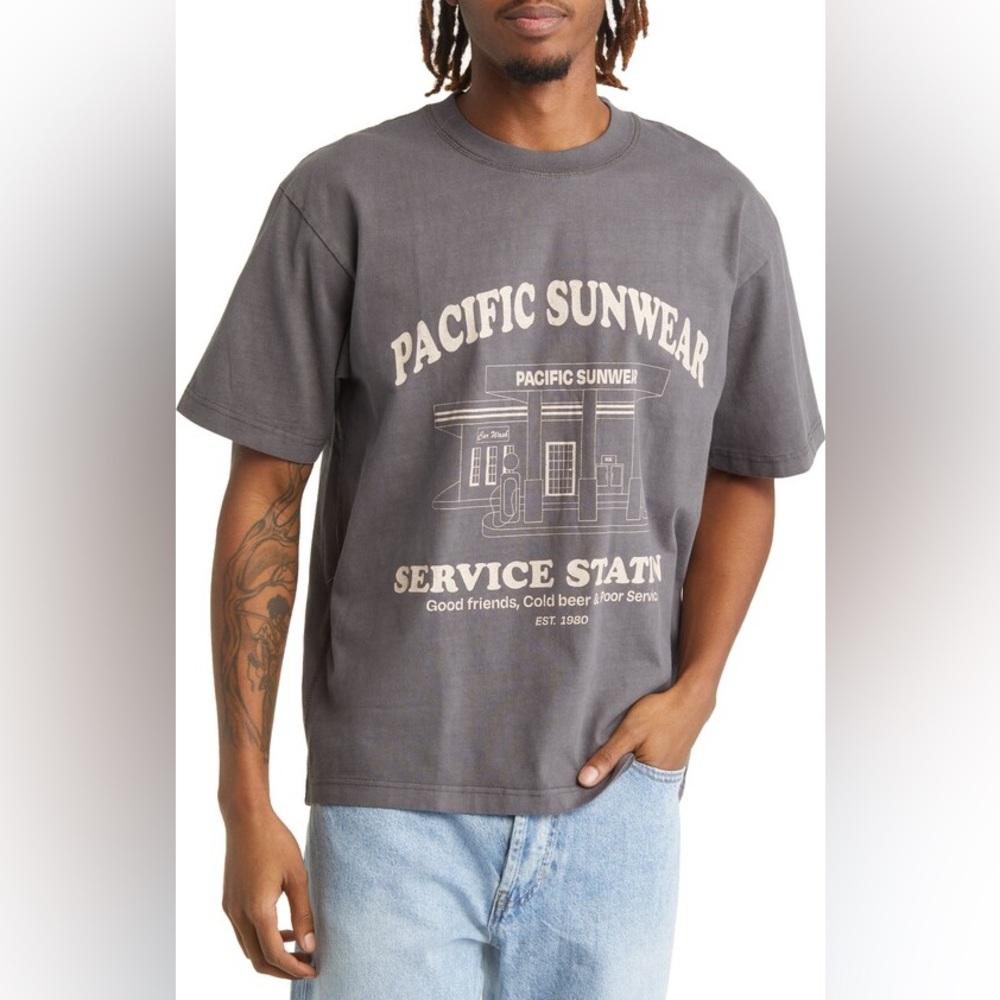 PacSun Men's Service Station Graphic Tee - Grey Size M, heavyweight